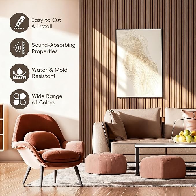 EVERECO 6 Pack Wood Slat Acoustic Wall Panels 92.5" × 7.87", 3D Sound Absorbing
