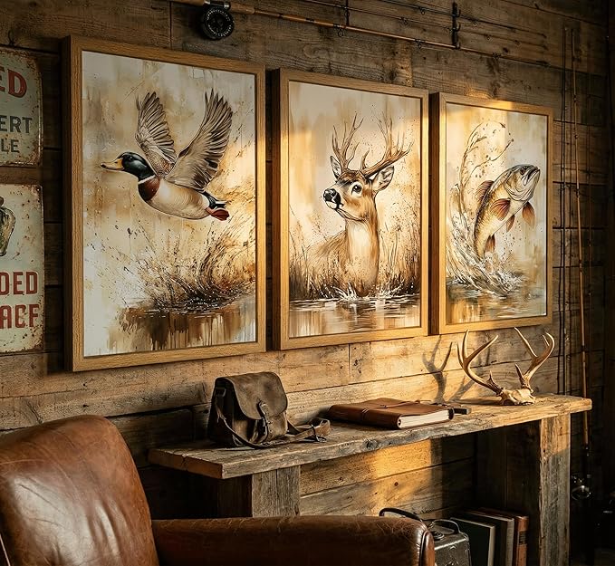 3Pcs Framed Rustic Outdoor Wildlife Canvas Wall Art,Watercolor Deer Duck And Fish Wall Decor Pictures,Vintage Farmhouse Hunting Posters Prints,for Living Room Bathroom Kitche Home Decoration
