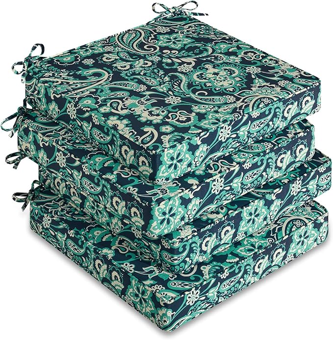 downluxe Outdoor Chair Cushions Set of 4, Waterproof 19" x 19" x 3" Patio Chair Cushion with Non-Slip Ties & Handle, Square Outdoor Cushion for Patio Furniture with Removable Cover, Green Paramecium