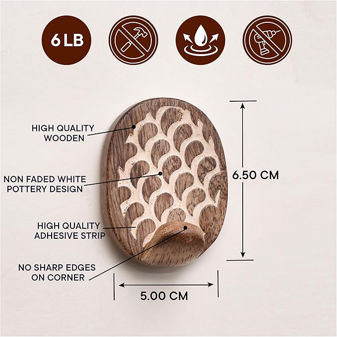 Indian Shelf 6 Lb- 3 Pieces Decorative Wood Adhesive Wall Hooks–Boho Peel and