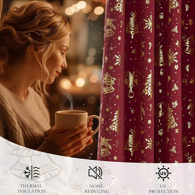 NICETOWN 2 Panels Red Christmas Curtains W42 x L63 in, Rod Pocket Gold Stamping