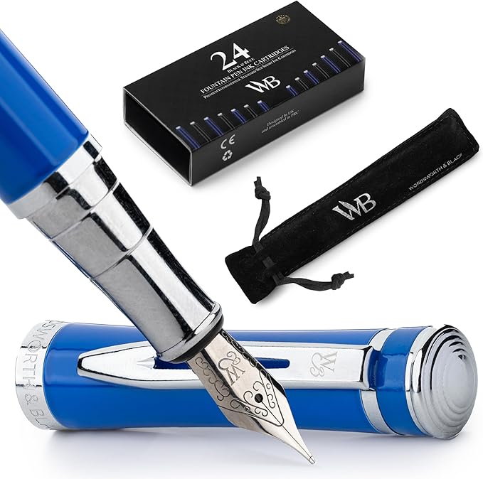 Wordsworth & Black Fountain Pen Set, Medium Nib, Includes 24 Pack Ink Cartridges, Ink Refill Converter & Gift Pouch, Chrome Finish, Calligraphy, [Imperial Blue], Perfect for Men & Women
