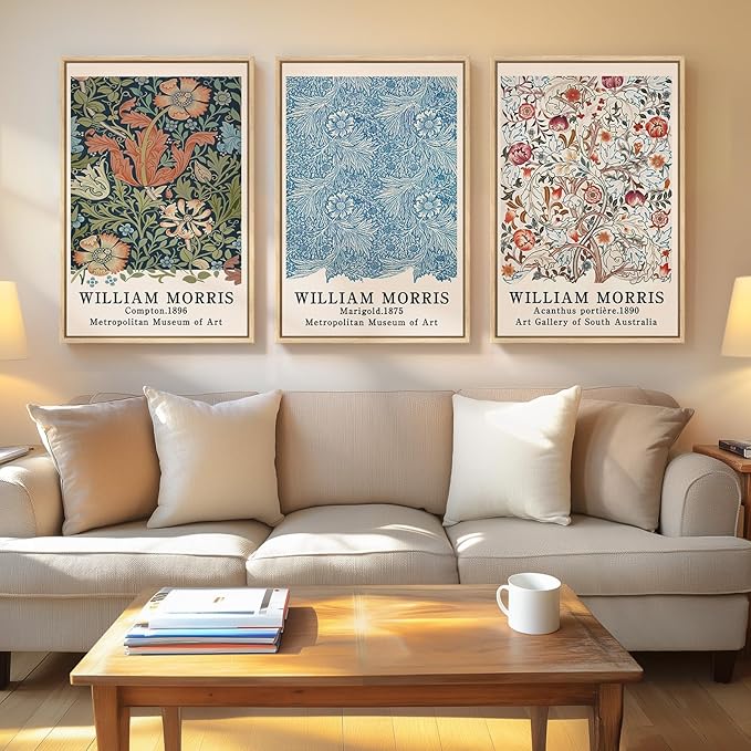 Framed William Morris Wall Art Set of 3, Large Vintage Floral Botanical Canvas