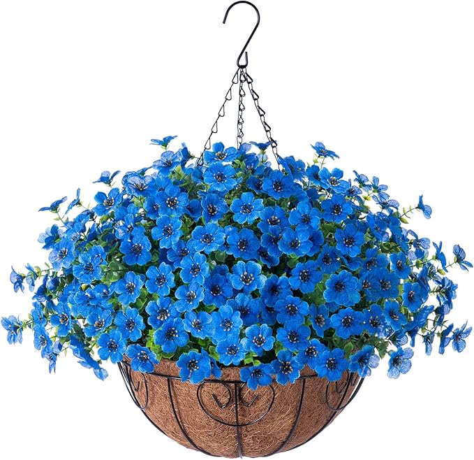 Artificial Fake Hanging Plants Flowers with Basket Outdoor Decor Faux Silk Daisy Flower Arrangements in Pot Planter for Porch Home Indoor Patio Garden Yard Decoration, Blue