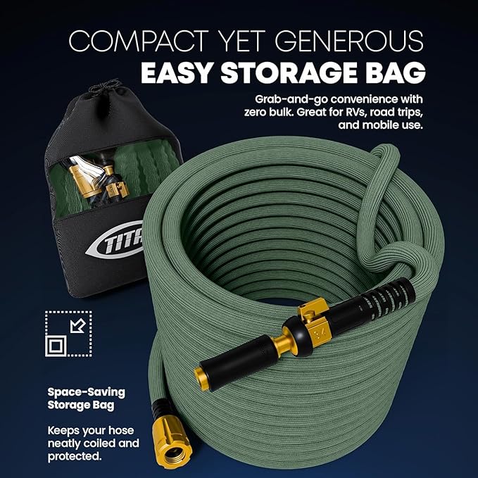 TITAN Flexible Garden Hose 100FT – Ultra Lightweight, Heavy Duty Water Hose with Brass Fittings & Jet Nozzle – Kink-Free, Non-Expanding, Durable Fabric Hose for Yard, Lawn, Car Wash, Outdoor Use