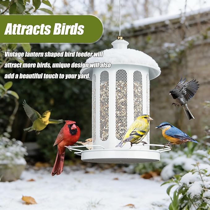 Bird Feeder, Large Capacity Bird Feeders for Outdoor Hanging, Heavy Duty Metal Wild Birdfeeder for Outside Garden Yard Decor, Retro Lantern Shape (White)