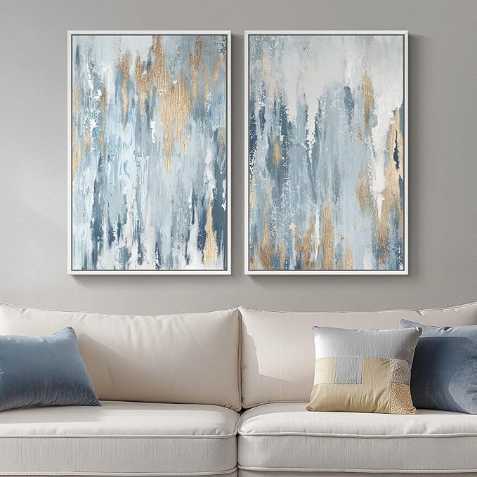 Large White Framed Blue and Gold Abstract Canvas Wall Art, 2 Piece Modern