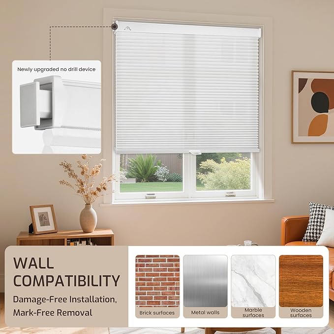 Grandekor No Drill No Tools Cordless Cellular Shades, 30.5" W x 64" H, Light