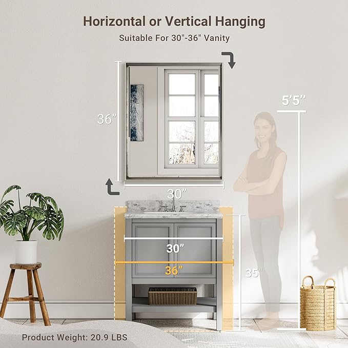 Brushed Nickel Bathroom Mirror, 30x36 Inch Beveled Framed Bathroom Mirror