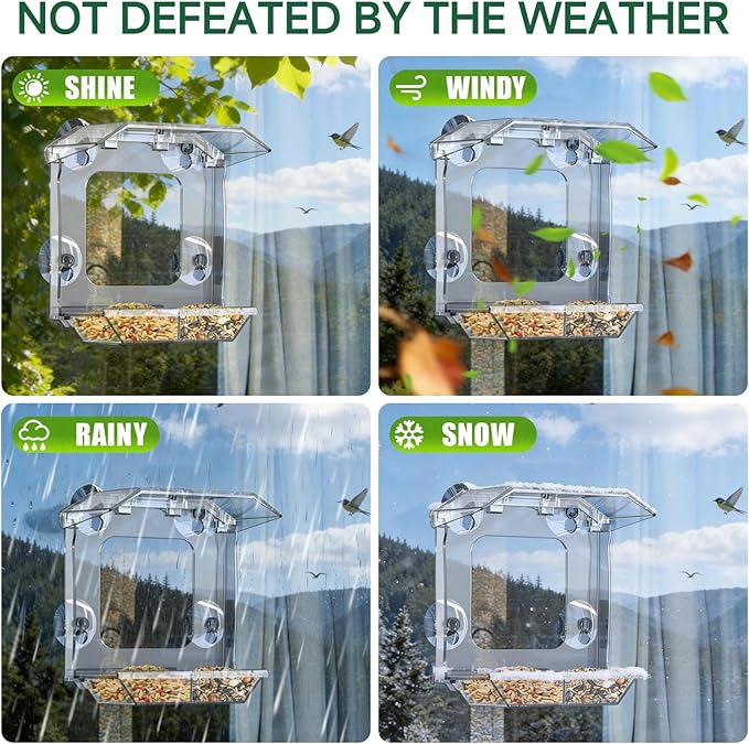 Window Bird Feeder with 4 Extra Strong Suction Cups, Clear Bird Feeder with Dual Seed Tray, Easy to Install & Clean, Birdfeeder for Viewing Wild Birds, Bird Watching Gift, Garden Decor
