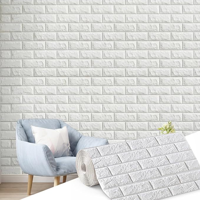 Hahafelt 1 Pcs 32 x 2.3 ft 3D Wall Panel, Faux Brick Wall Panel White Peel and