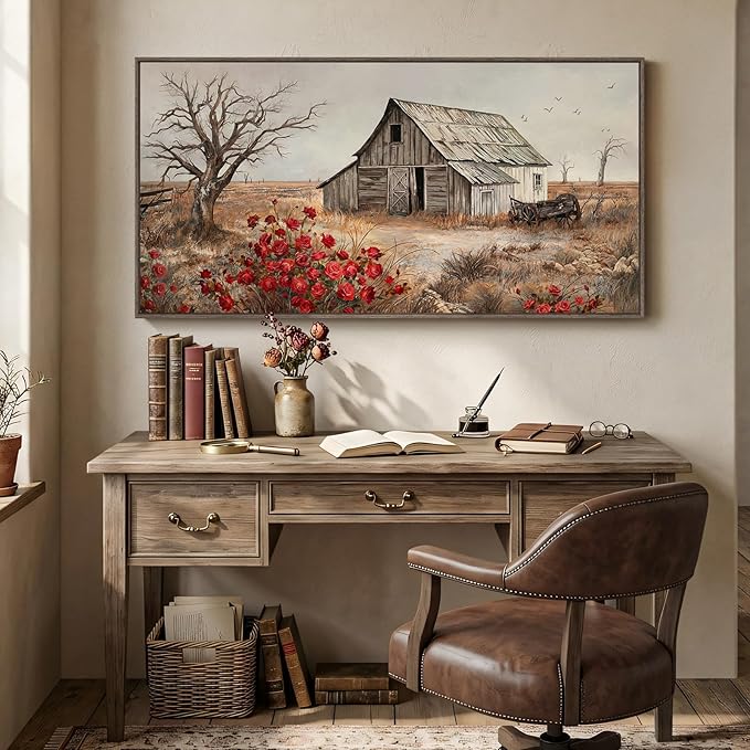 Large Framed Farmhouse Wall Art for Living Room, Vintage Barn Landscape Canvas Prints, Rustic Red Floral Country Wall Decor for Bedroom Dining Room Hallway 30x60 Inch