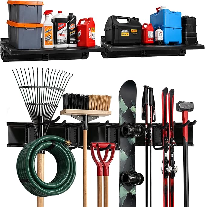 TIDYME Heavy-Duty Garage Wall Storage System | Wall Mounted Tool Organizer Rack with Shelving | 10-Piece Mounting Kit | Includes 4x10” Double-Layered Hooks & 2x16.5” Floating Utility Shelves