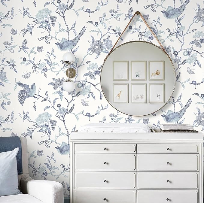 Timeet Peel and Stick Wallpaper Vintage Floral Contact Paper Blue and White