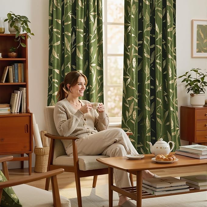 NICETOWN Leaf Patterned Green Velvet Curtains 96 inches Long 2 Panels Gold Foil
