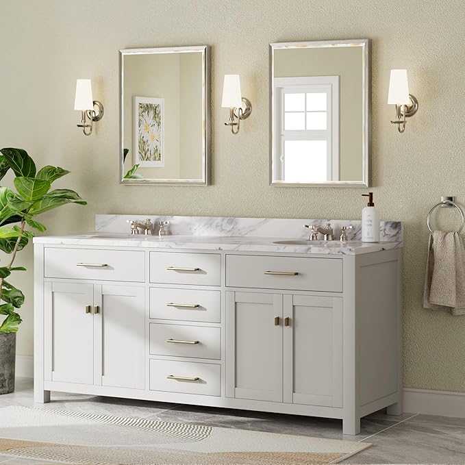 Brushed Nickel Bathroom Mirror, 24x32 Inch Beveled Framed Bathroom Mirror
