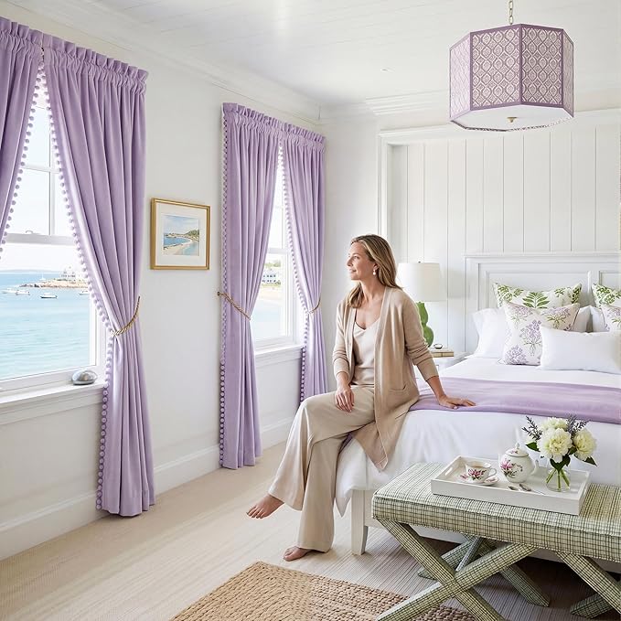NICETOWN Lilac Purple Velvet Curtains 96 Inch Length – Pom Pom Room Darkening
