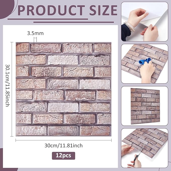 12PCS 3D Wall Panels Peel and Stick Foam Faux Brick Wall Panels, Self-Adhesive