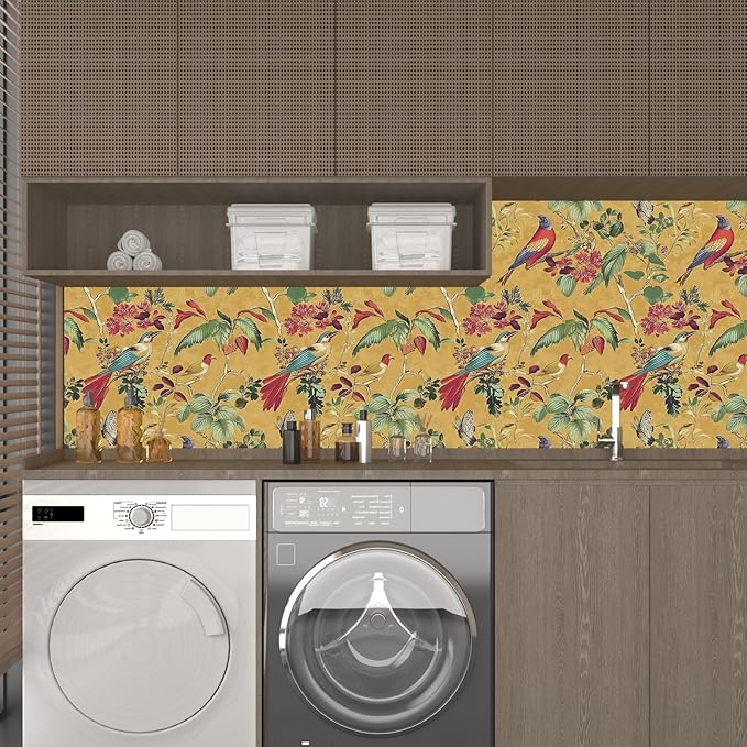 Yellow Boho Wallpaper Peel and Stick, Vintage Floral Bird Contact Paper