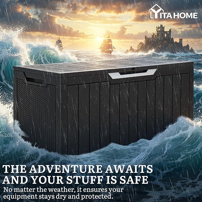 YITAHOME 100 Gallon Large Outdoor Storage Box, Water Resistant Resin Deck Box w/Silver Decorative PVC Trim Pane, Lockable Rattan Storage Container for Patio, Garden, Cushions, Tools(Black & Silver)