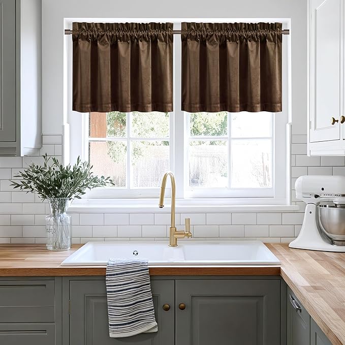 NICETOWN Brown Velvet Valance Curtains