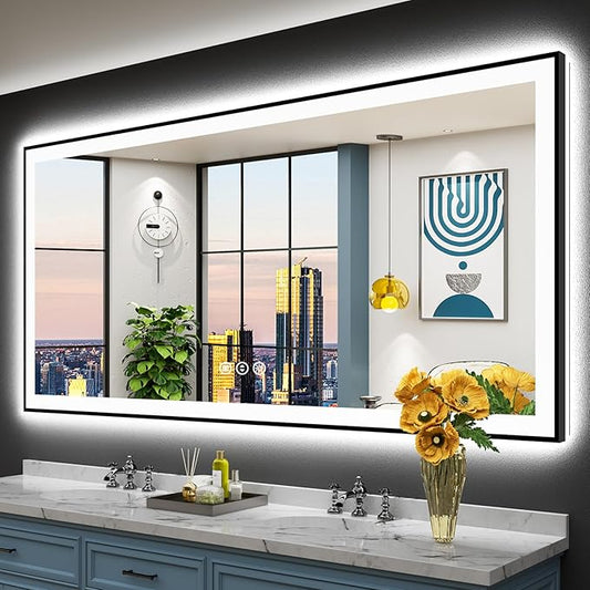 77x36 Black Framed LED Bathroom Mirror