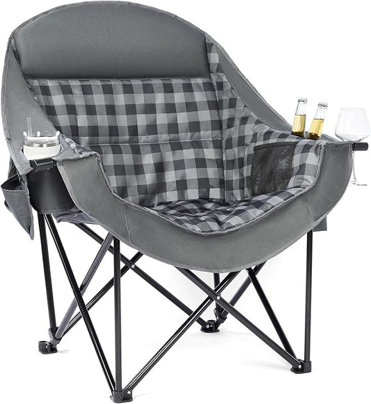 Oversized Camping Chairs for Adults - Heavy Duty Padded Outdoor Folding Lawn XL Camp Chair with Cup Holder Cooler Pockets for Outside Sports Beach Fishing Garden Portable Supports 500lbs, Grey
