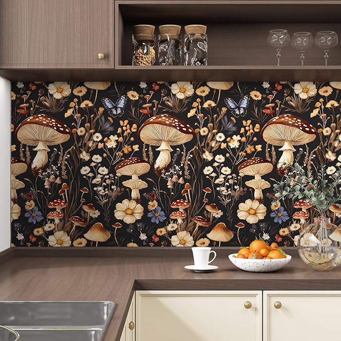 BOKEBEVE Extra Long Mushroom Peel and Stick Wallpaper Vintage Wallpaper Floral