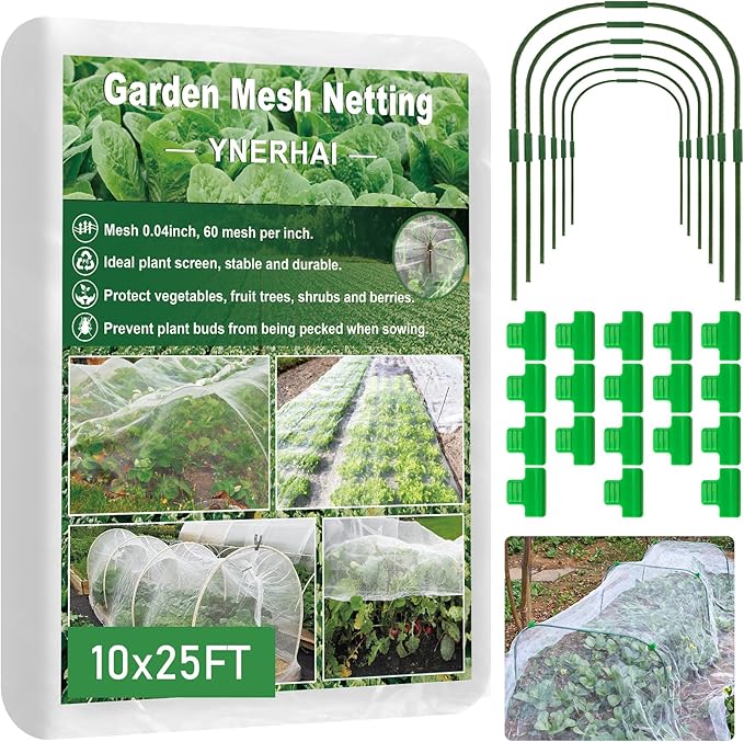 Garden Mesh Netting Kit, 10 * 25FT Ultra Fine Plant Netting Mesh Coversï¼Row Cover Net Protection for Tree Fruit Barrier Vegetable Fruits Flowers Shrubs Plant Covers Net