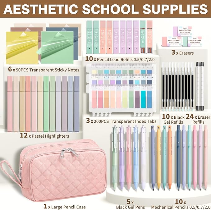 62PCS Aesthetic School Supplies with Cute Pencil Case, Pastel Highlighters Black Ink Gel Pens Mechanical Pencils Kit, Back to School Supplies College Essentials Preppy Stationary Set for Student Girls