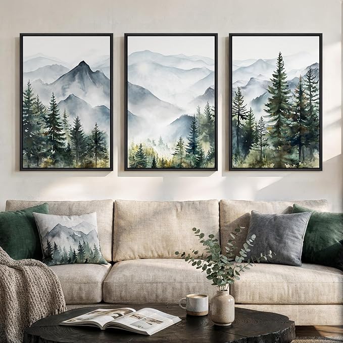 Framed Mountain Landscape Wall Art Bedroom, 3 Piece Nature Foggy Forest Canvas Print Artwork for Walls, Scenic Pine Tree Paintings Pictures Wall Art Decor for Living Room Hallway, 16x24 Inch