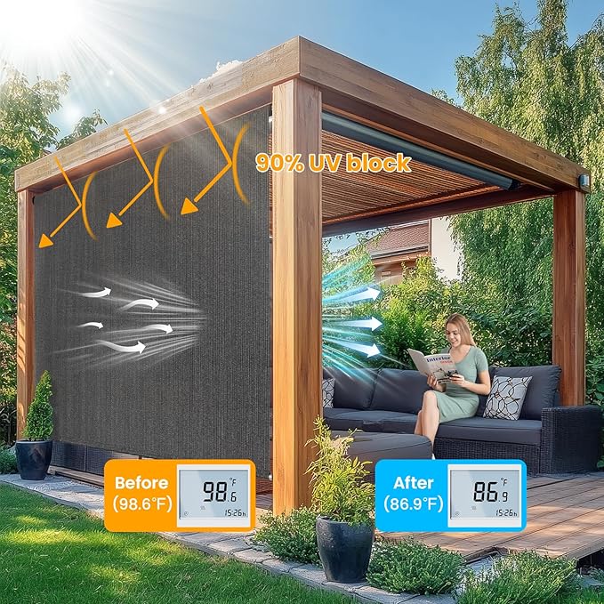 Custom Size Gray Patio Shades Roll up Outdoor Roller Shade Crank Wand Blind