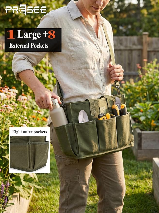 Heavy Duty Canvas Gardening Tote Bag with Pockets, Large Capacity Tool Organizer for Garden Tools, Portable Utility Bucket Carrier for Women Men, Outdoor Planter Caddy for Florist Supplies