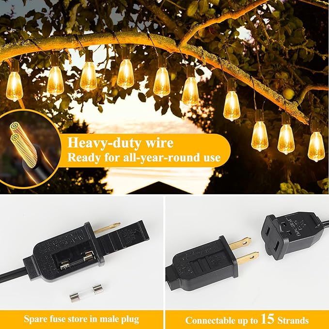 Brightever LED Outdoor String Lights 100FT Patio Lights with 52 Shatterproof 2200K ST38 Vintage Edison Bulbs, Amber Outside Hanging Light Waterproof for Porch, Deck, Garden, Dimmable Amber Lights