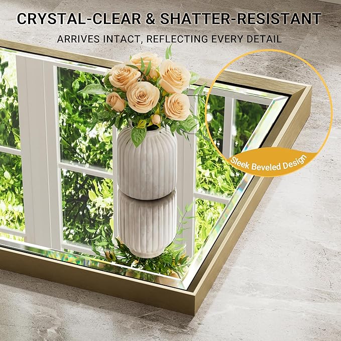 60 x 36 Gold Bathroom Mirror, Brushed Gold Beveled Bathroom Mirror,