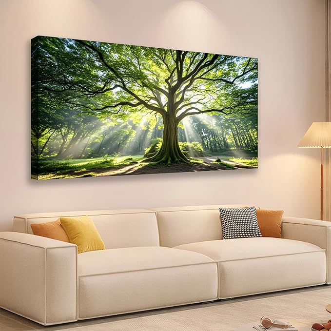 JLXART Framed Forest Artwork Canvas Large Art Spring Nature Green Tree Wall Art for Office Wall Decoration Ready to Hang 30x58inch