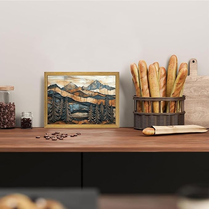 Vintage Boho Mountain Wall Art, Framed Landscape Canvas Wall Art, Nature Forest