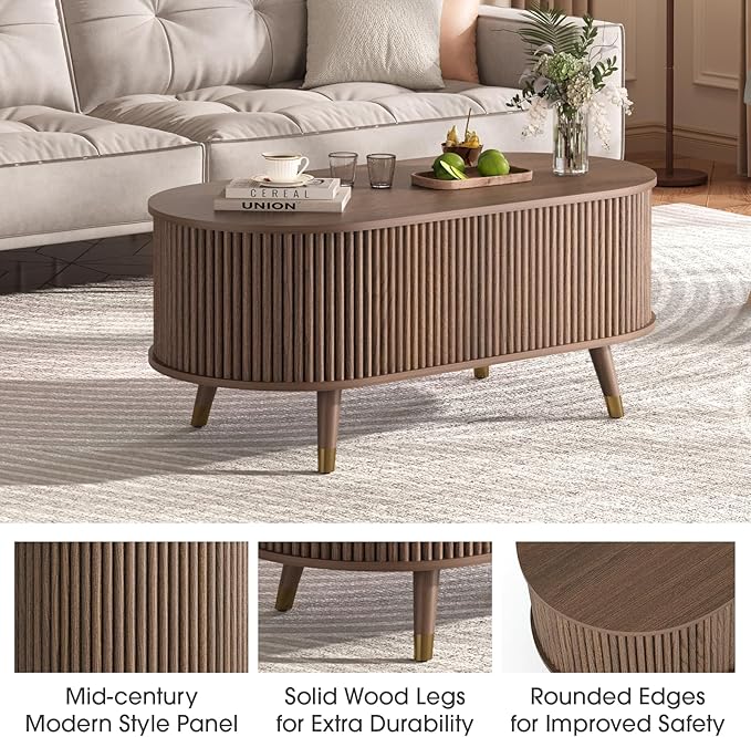 JOINICE 42.5" Oval Lift Top Coffee Table with Storage, Mid Century Modern Walnut Center Table with Fluted Design, Solid Wood Legs & Hidden Compartment, Pop Up Cocktail Table for Living Room