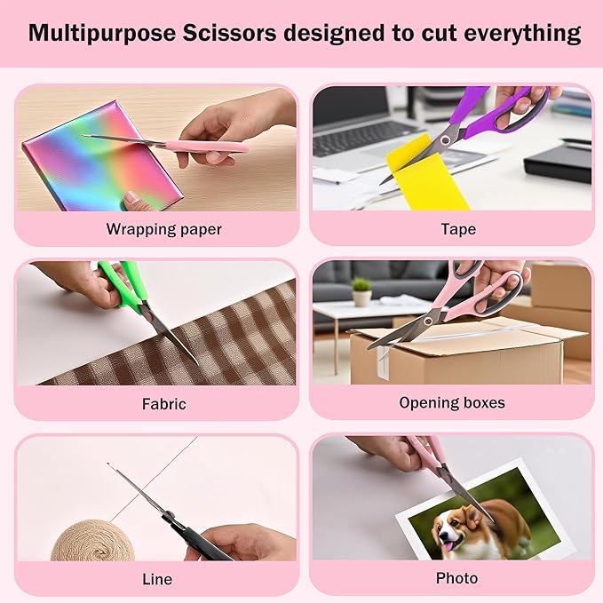 Scissors, Rkqoa 8" Scissors All Purpose 6 Pack - Comfort-Grip Sharp Scissor for Office School Adult Art Sewing Fabric Craft Supplies, Teacher/Classroom Everyday Use, Right/Left Handle
