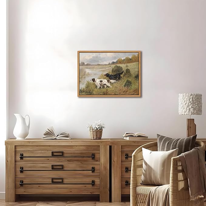 Floating Framed Vintage Hunting Dog Wall Art, Classic Countryside Landscape