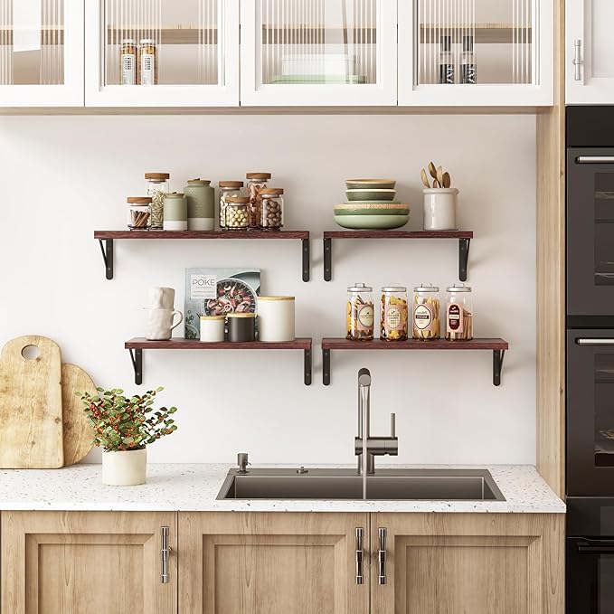 YGEOMER Floating Shelves for Wall, Different Sizes Walnut Red Brown Wall