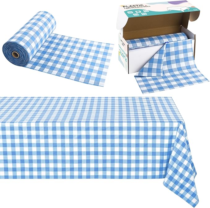 Kochorie 54 Inch x 300 Ft Light Blue Checkered Plastic Table Cloth Roll