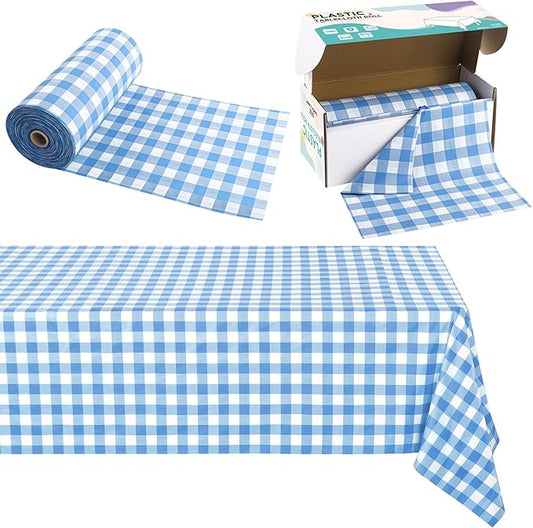 Kochorie 54 Inch x 300 Ft Light Blue Checkered Plastic Table Cloth Roll