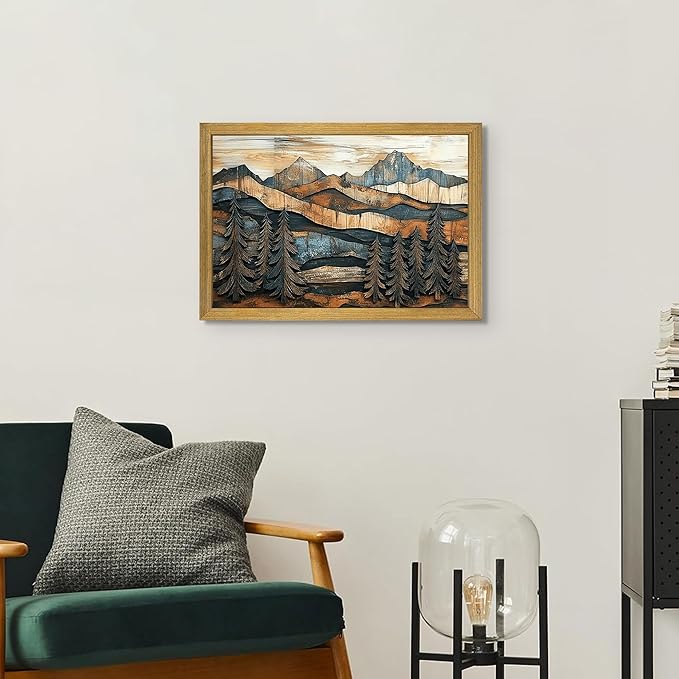 Vintage Boho Mountain Wall Art, Framed Landscape Canvas Wall Art, Nature Forest