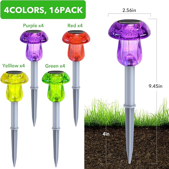 Benany Solar Lights Outdoor, 16 Pack Mushroom Lights Outside Waterproof, Solar Powered LED Lighting for Garden, Yard, Landscape, Path, Pathway, Lawn, Walkway, Driveway, Backyard Decor (Multicolor)