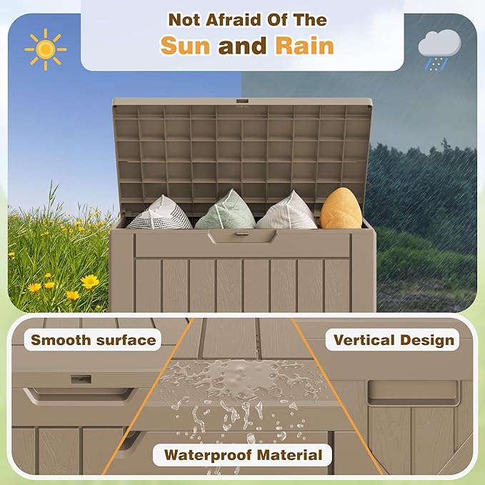 Flamaker Resin Deck Box 40 Gallon Waterproof Outdoor Indoor Storage Box Imitation Wood Resin for Patio Furniture Garden Tools and Pool (Brown)