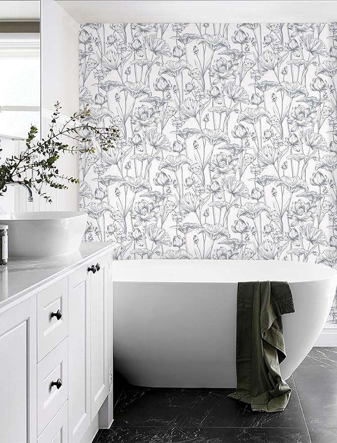 Timeet Floral Peel and Stick Wallpaper 16" x 197" White and Purple Wallpaper