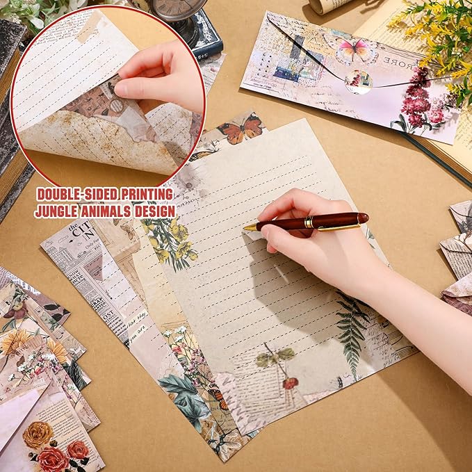 TaoBary 160 Pcs Stationery Paper Set 50 Double Sided Stationery Papers with 50 Matching Envelopes and 60 Round Dot Sticker, 10 Design(Nature Vintage Style,8.5 x 11 Inch)