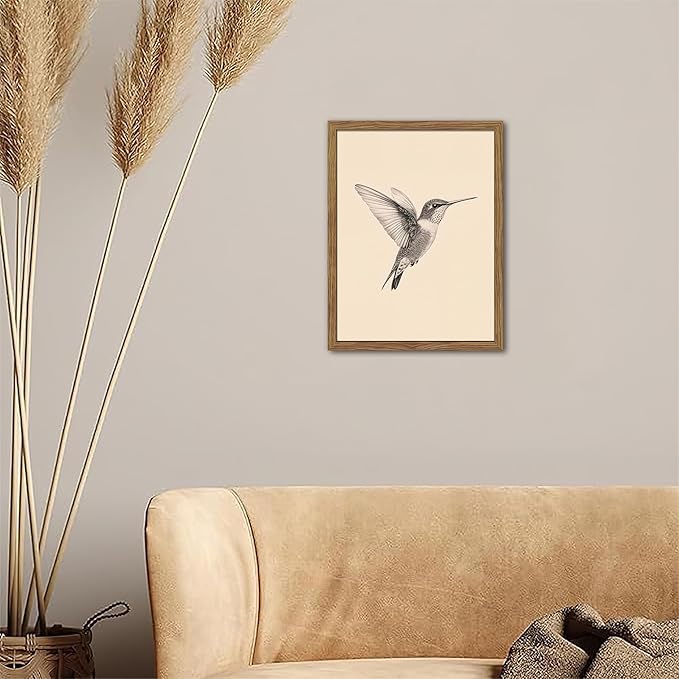 Vintage Framed Wall Art, Birds Canvas Prints, Hummingbird Sketch Painting