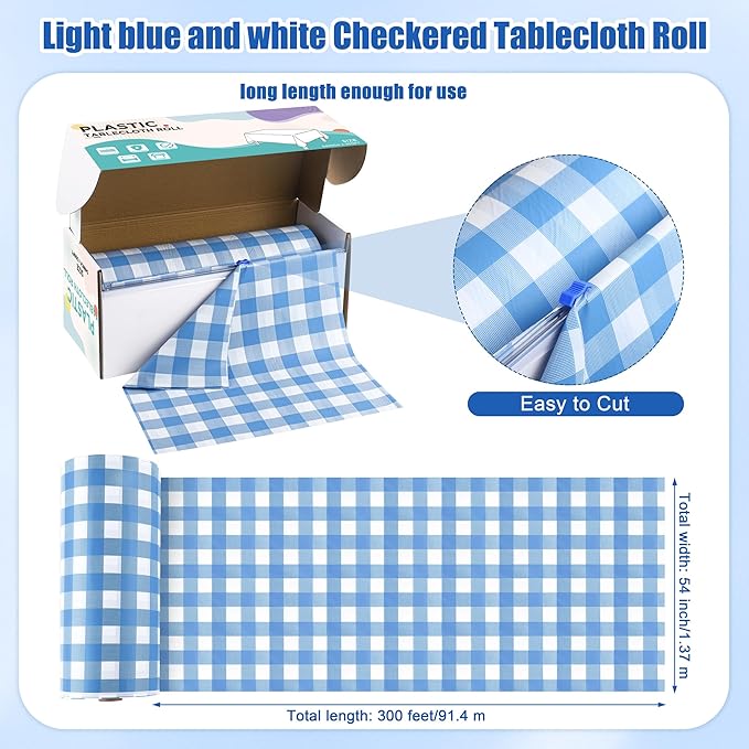 Kochorie 54 Inch x 300 Ft Light Blue Checkered Plastic Table Cloth Roll